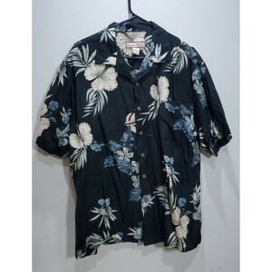 Paradise Blue Button Up Silk Shirt Men L Short Sleeve Black Floral Beach Outdoor